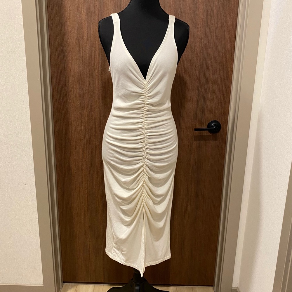 CHRISTIAN SIRIANO x BLEUSALT The Paradise Dress 2 Cream Ruched Bodycon Modal USA - Picture 3 of 13